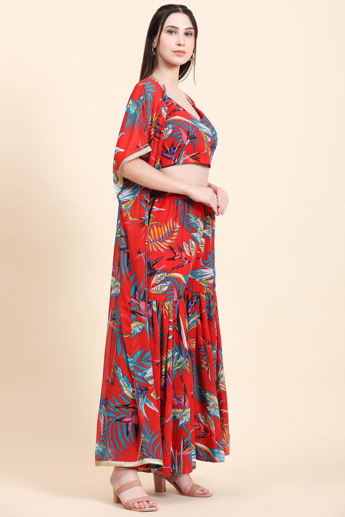 Women's Red base Leaf print Georgette Blouse, Garara and Cape set