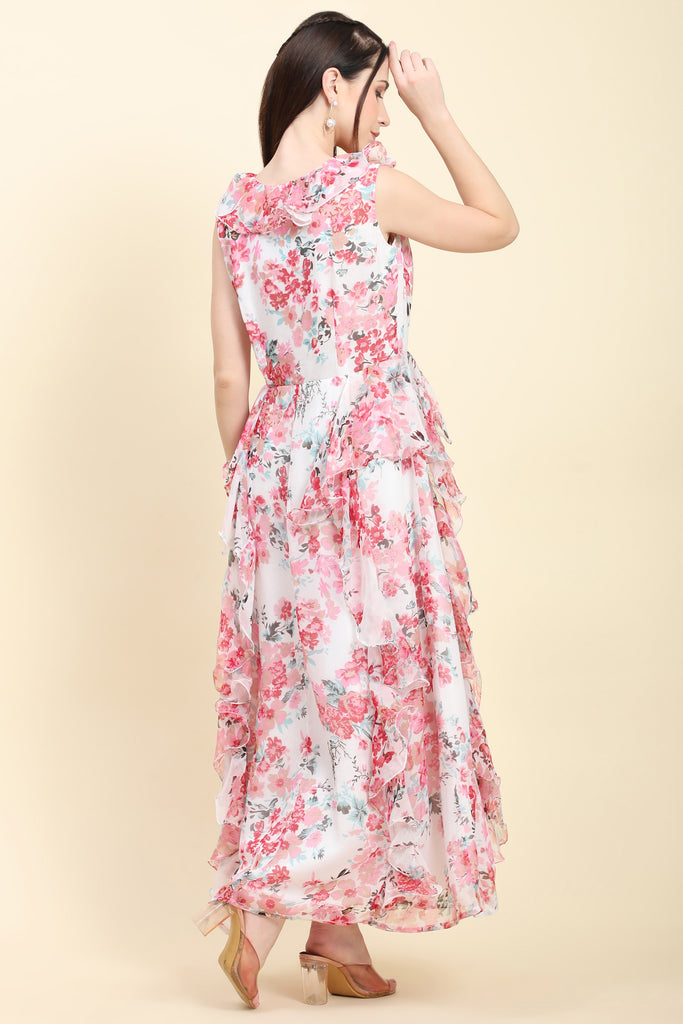 Women's Chiffon white base Floral print Ruffle Dress