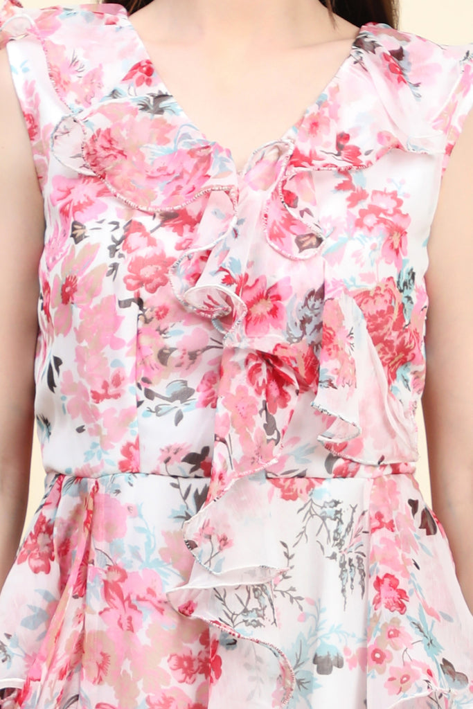 Women's Chiffon white base Floral print Ruffle Dress