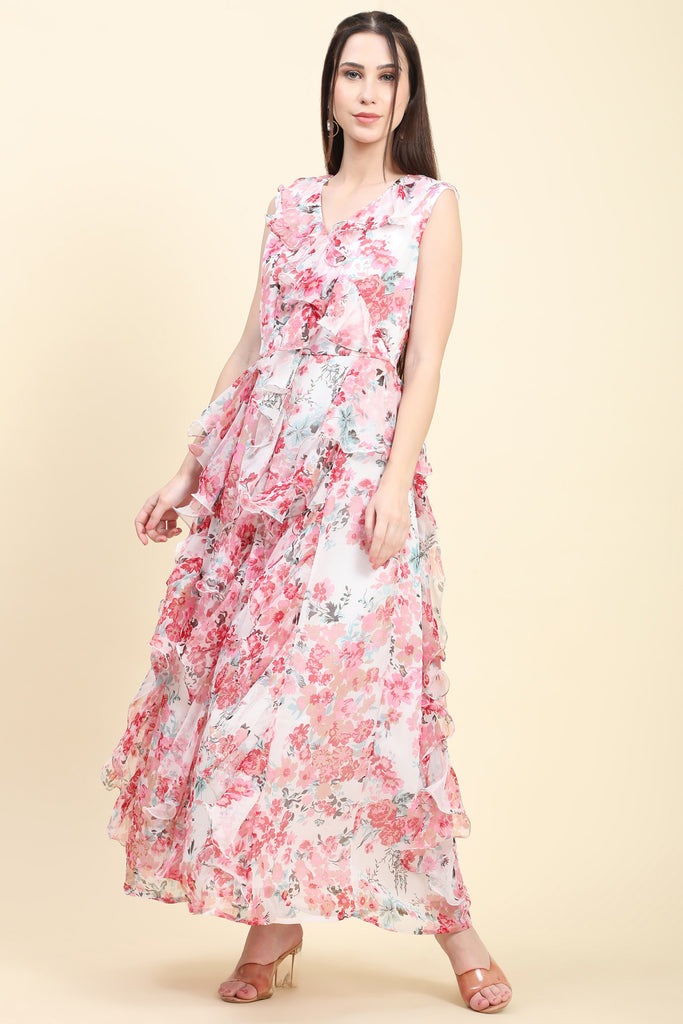 Women's Chiffon white base Floral print Ruffle Dress