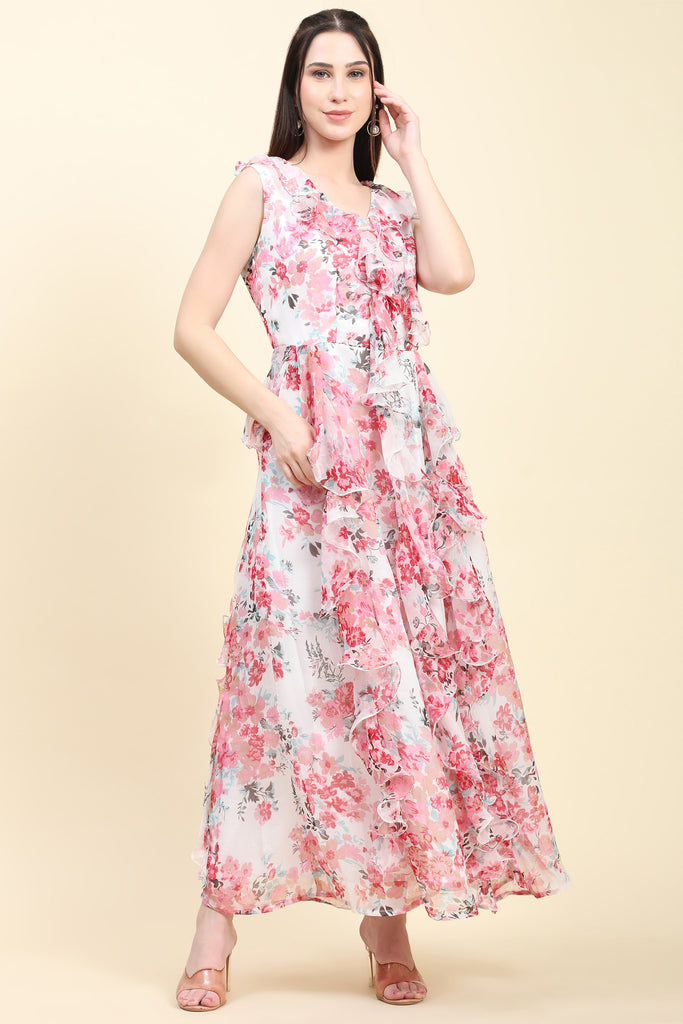 Women's Chiffon white base Floral print Ruffle Dress