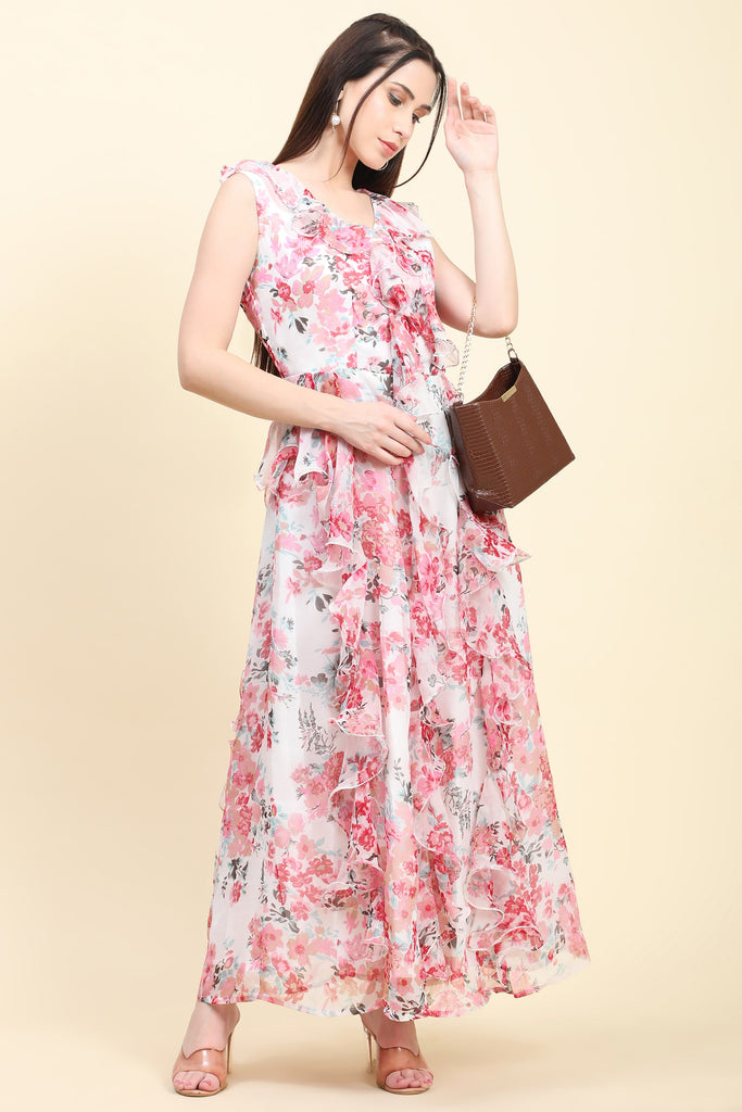 Women's Chiffon white base Floral print Ruffle Dress