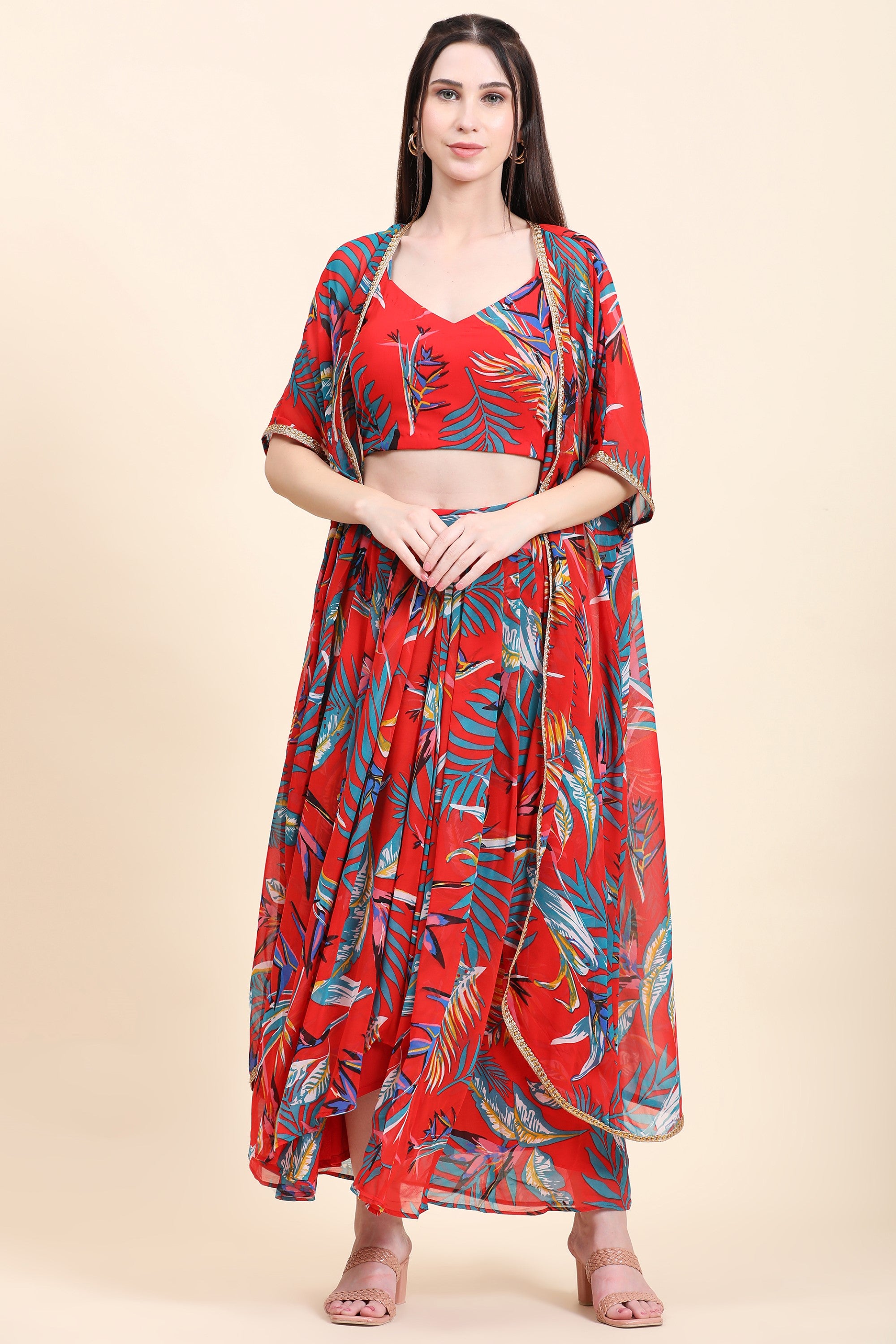 Women's Red base Leaf print Georgette Blouse, Cape, Dhoti drape Skirt set