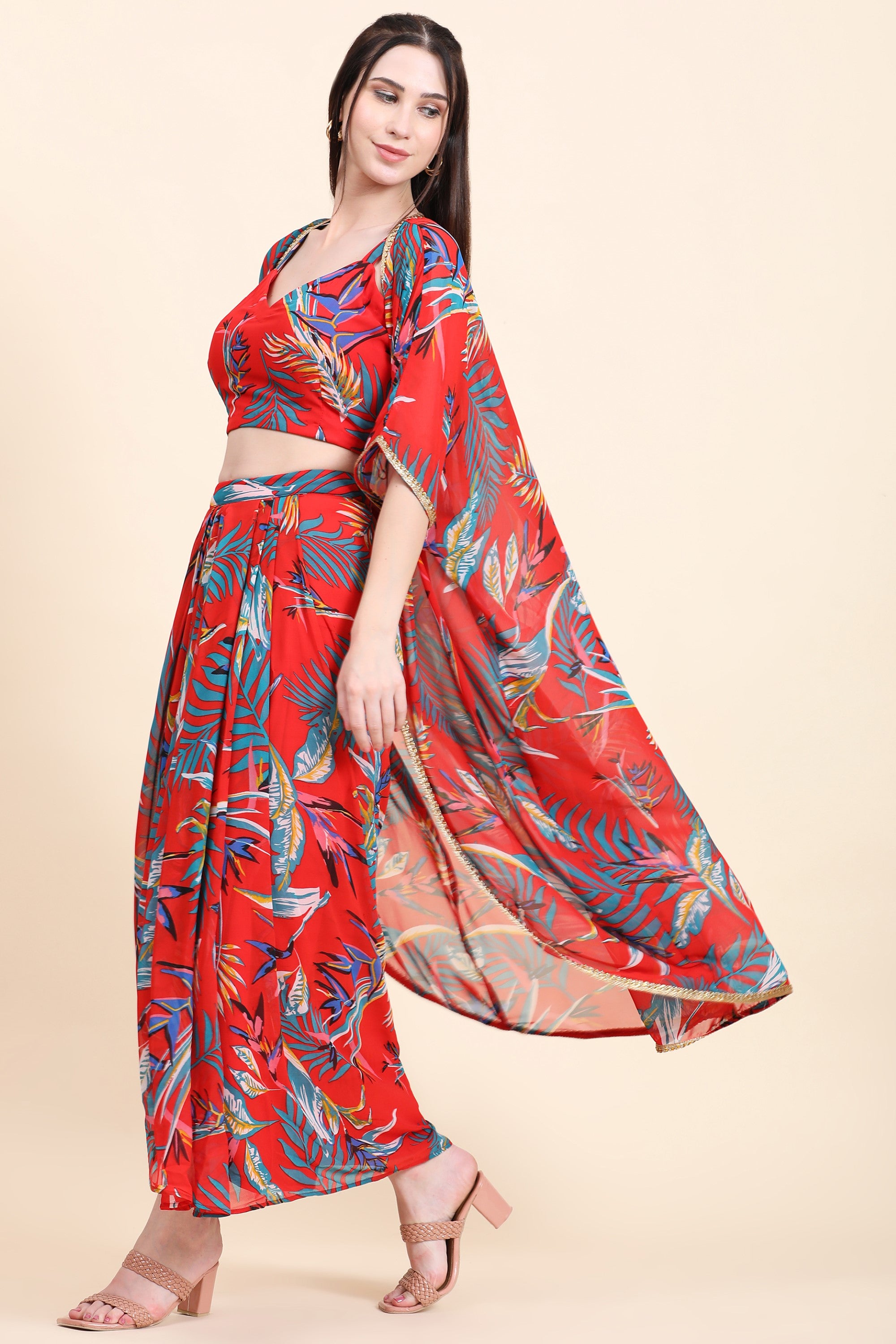 Women's Red base Leaf print Georgette Blouse, Cape, Dhoti drape Skirt set - MIRACOLOS by Ruchi