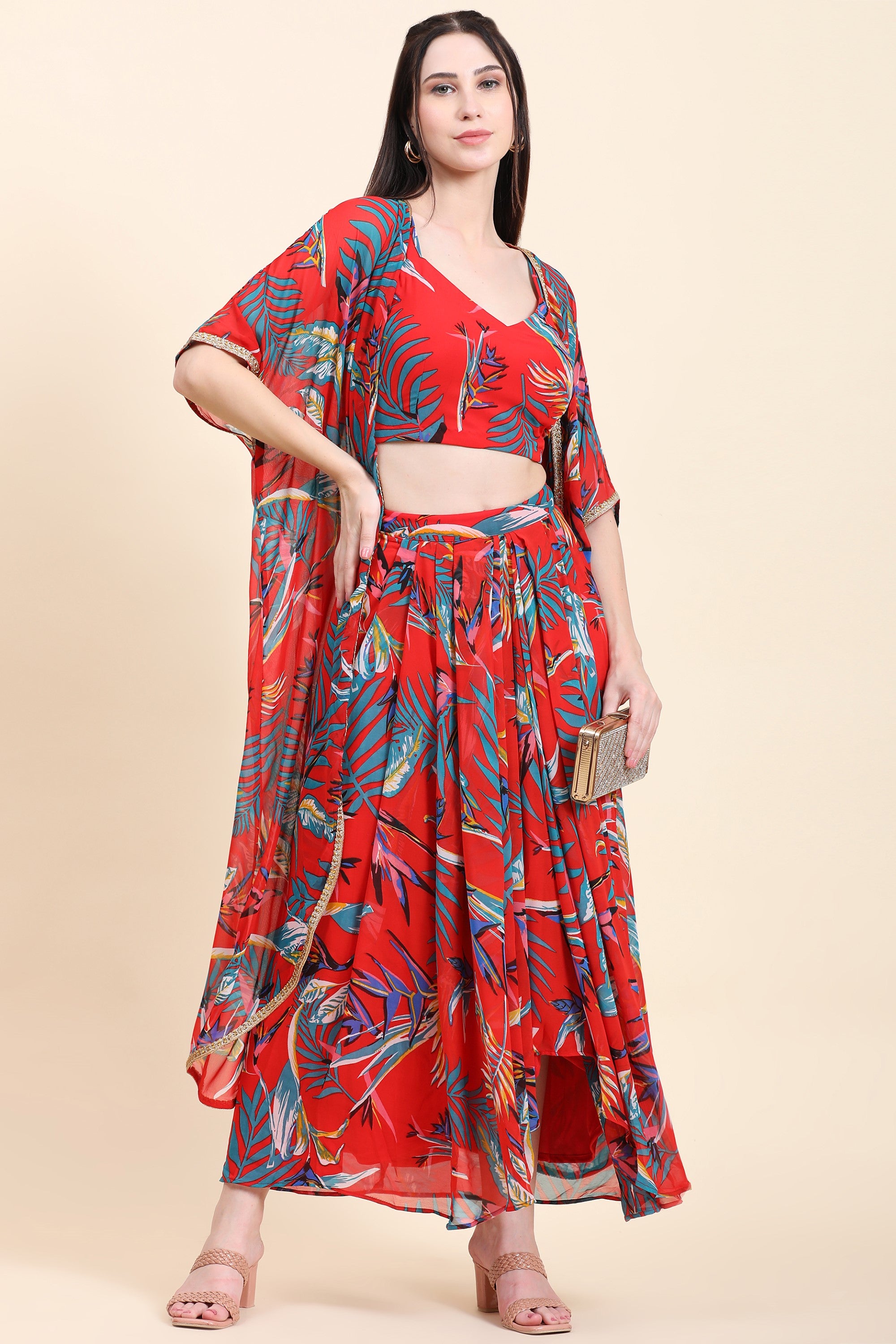 Women's Red base Leaf print Georgette Blouse, Cape, Dhoti drape Skirt set - MIRACOLOS by Ruchi