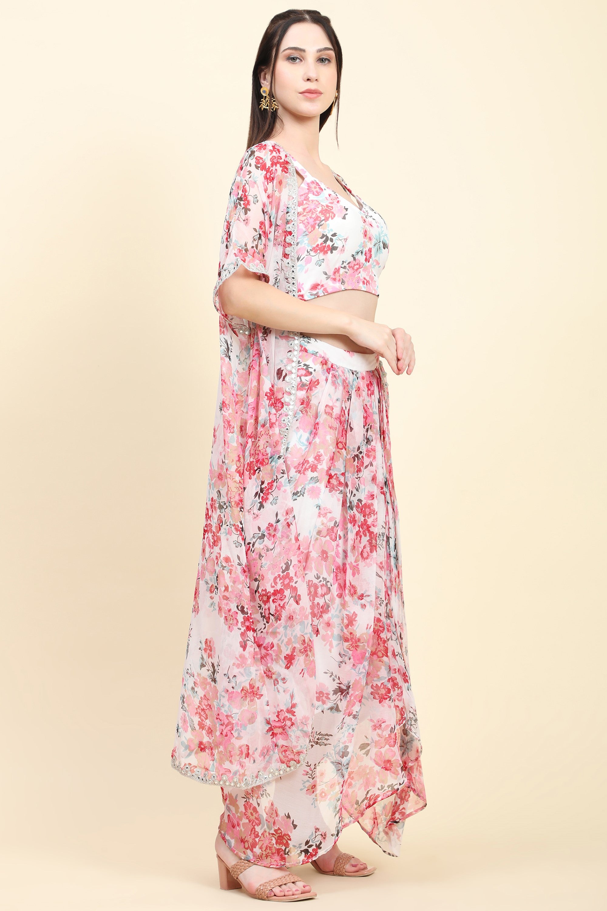 Women's White base Pink Floral print Chiffon Blouse, Cape, Dhoti drape Skirt set - MIRACOLOS by Ruchi