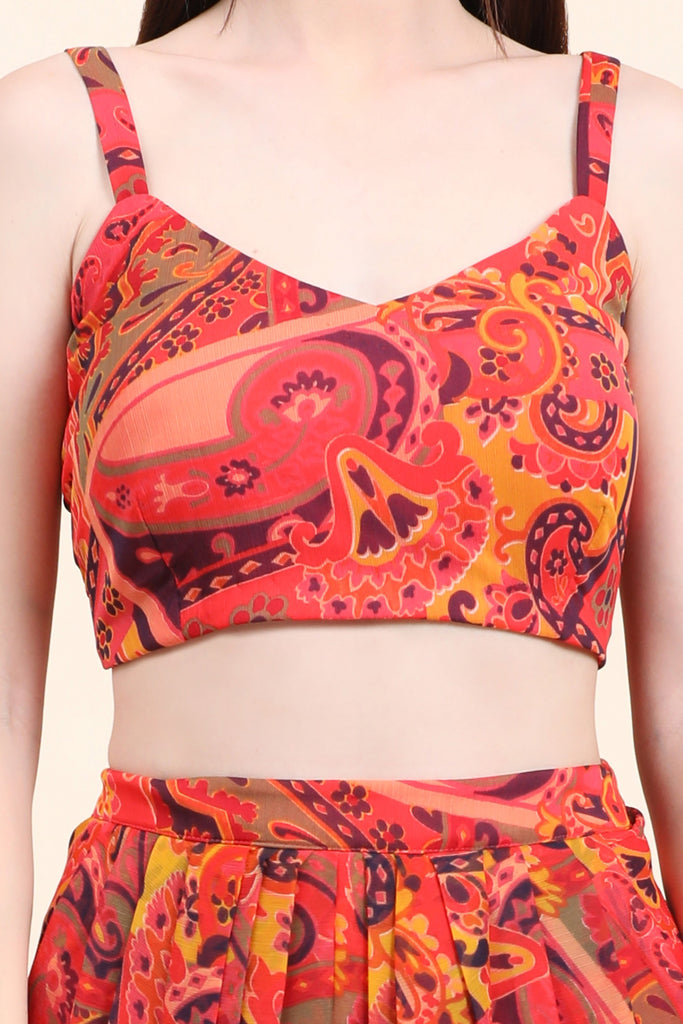 Women's Red base Multicolor print Chiffon Blouse, Cape, Dhoti drape Skirt set