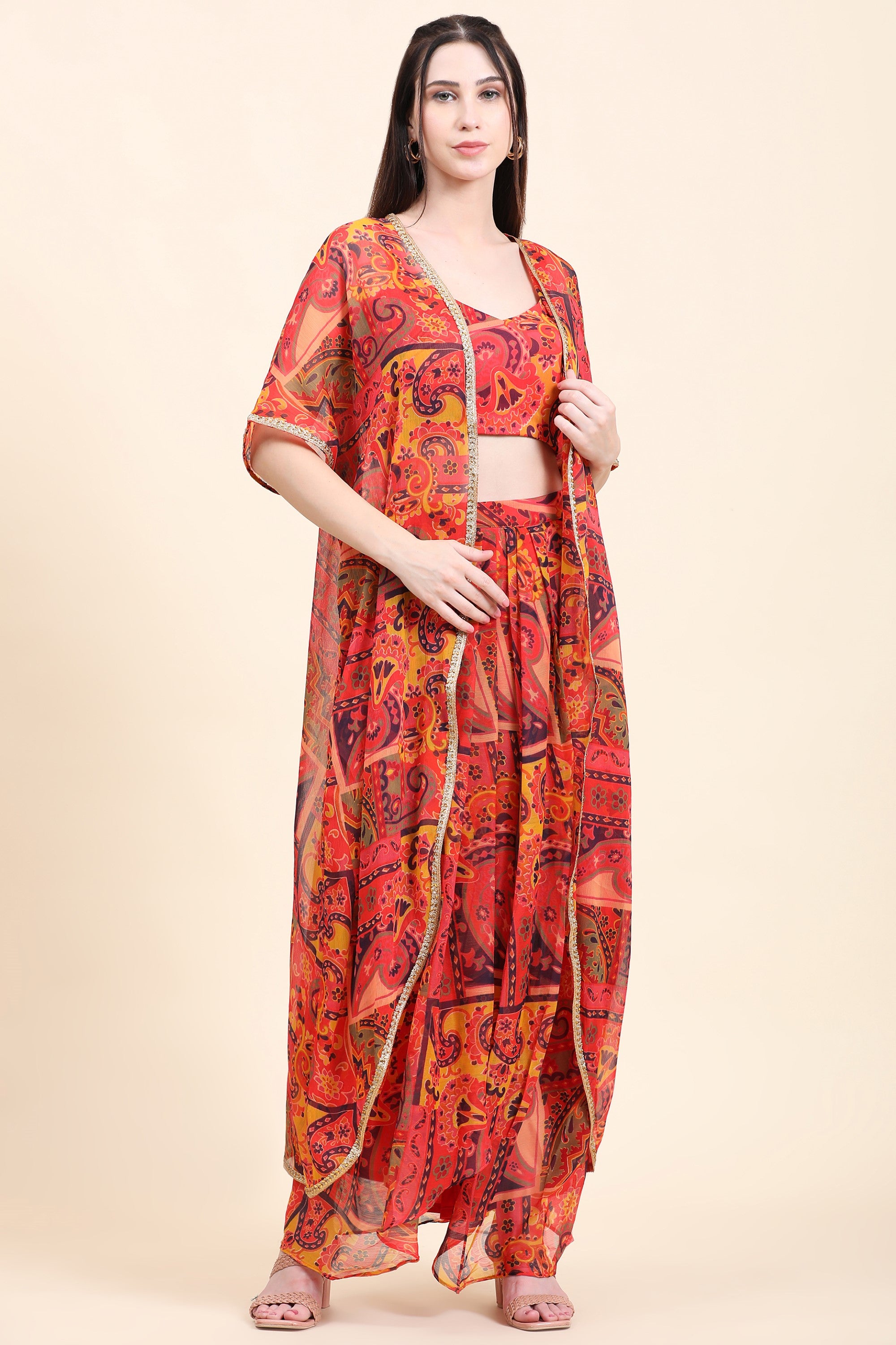 Women's Red base Multicolor print Chiffon Blouse, Cape, Dhoti drape Skirt set - MIRACOLOS by Ruchi