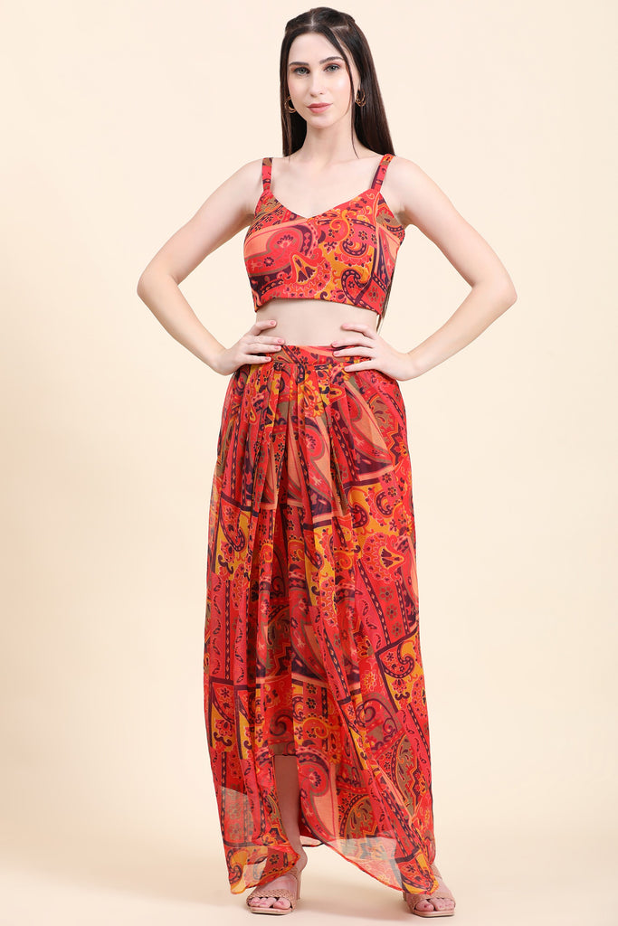 Women's Red base Multicolor print Chiffon Blouse, Cape, Dhoti drape Skirt set