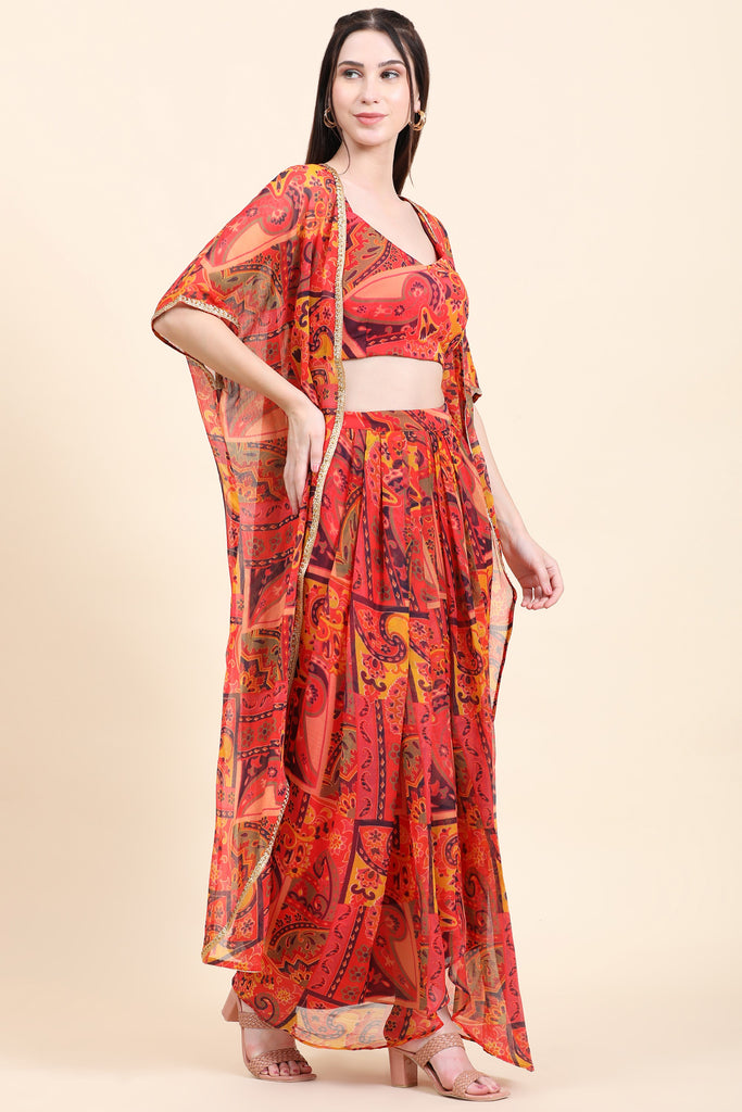 Women's Red base Multicolor print Chiffon Blouse, Cape, Dhoti drape Skirt set