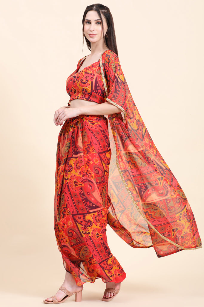 Women's Red base Multicolor print Chiffon Blouse, Cape, Dhoti drape Skirt set