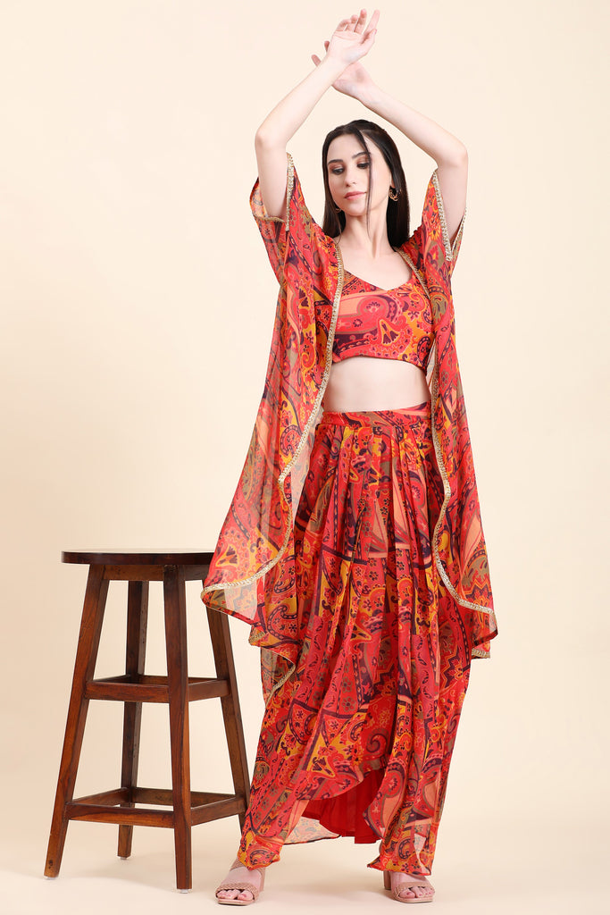 Women's Red base Multicolor print Chiffon Blouse, Cape, Dhoti drape Skirt set