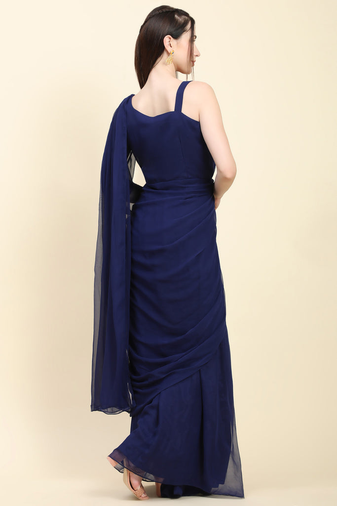 Women's Dark Blue Georgette Pleats Drape Saree, Blouse set with embroidered patches