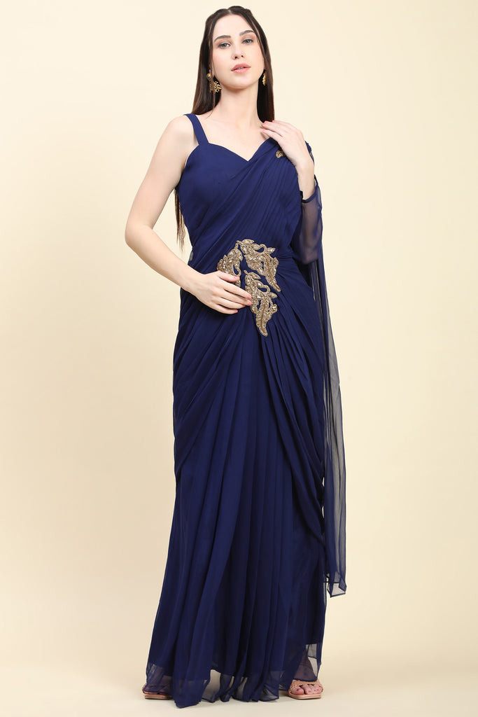 Women's Dark Blue Georgette Pleats Drape Saree, Blouse set with embroidered patches