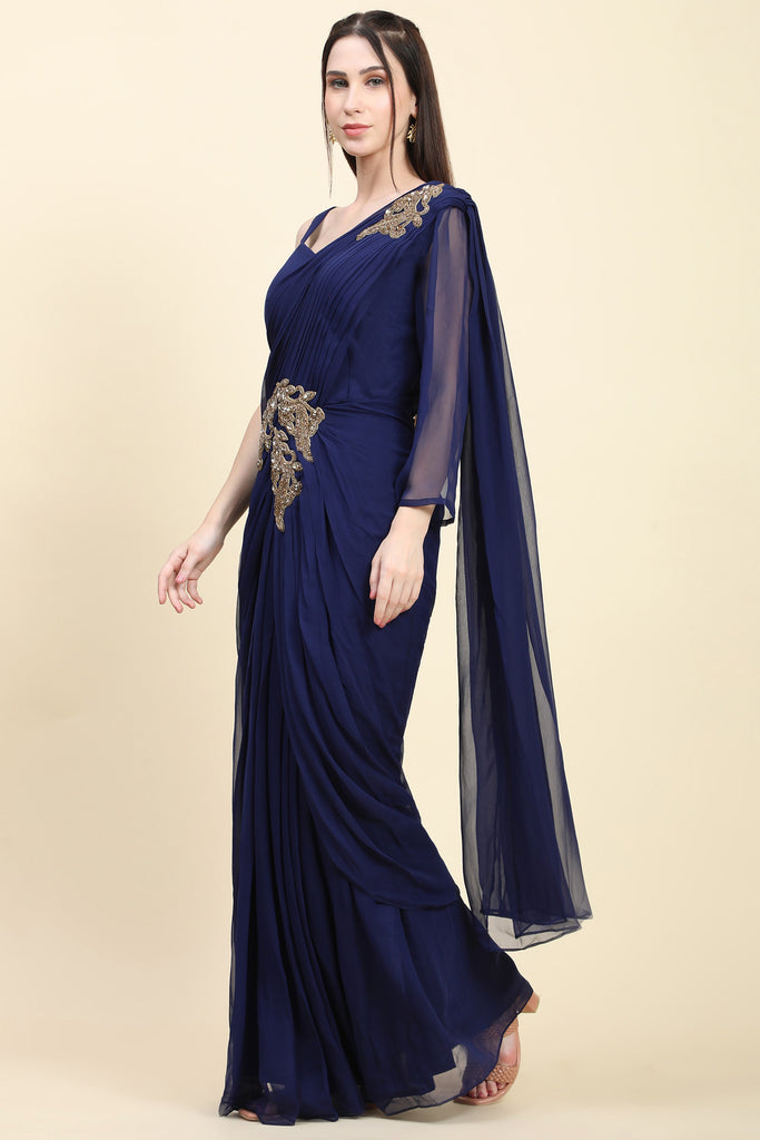Women's Dark Blue Georgette Pleats Drape Saree, Blouse set with embroidered patches
