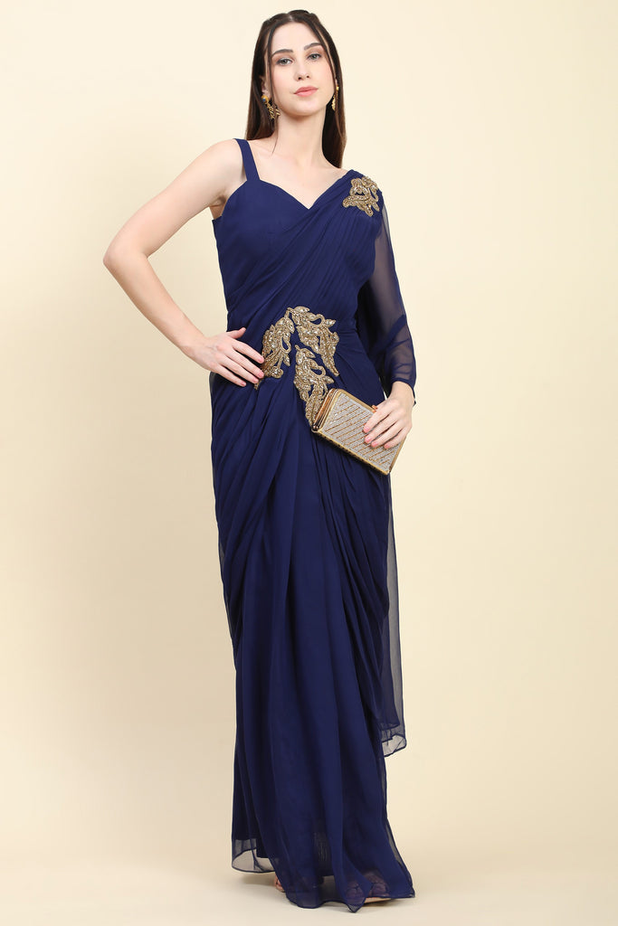 Women's Dark Blue Georgette Pleats Drape Saree, Blouse set with embroidered patches