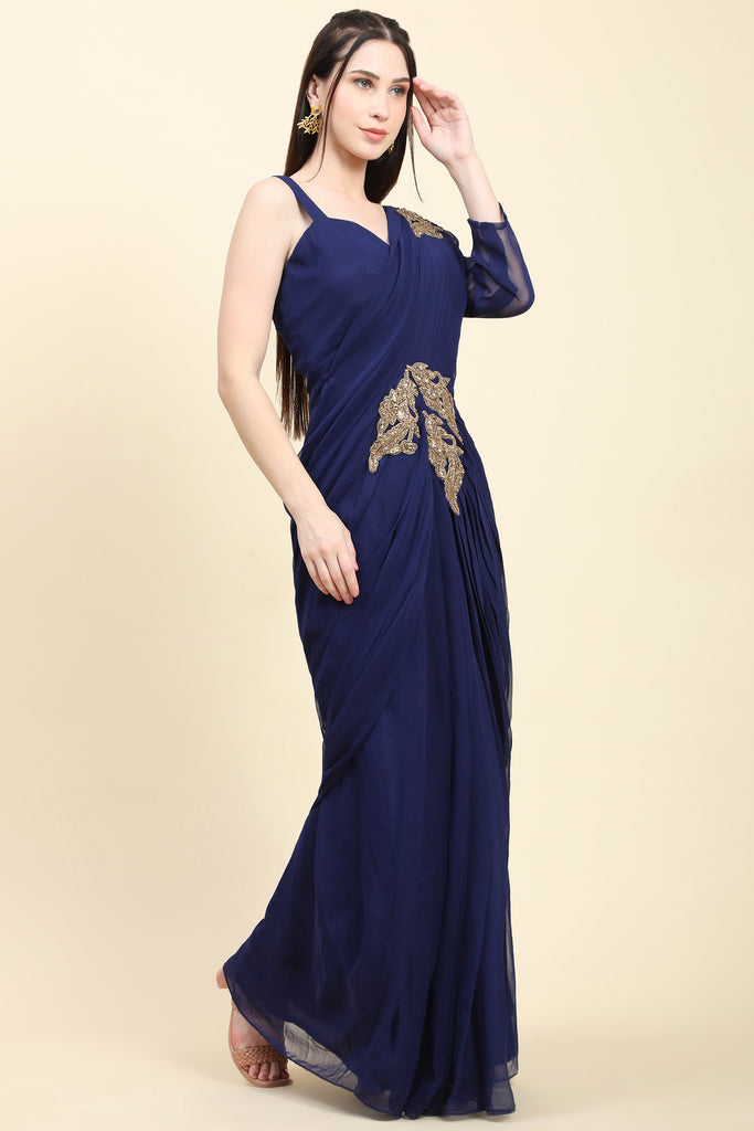 Women's Dark Blue Georgette Pleats Drape Saree, Blouse set with embroidered patches