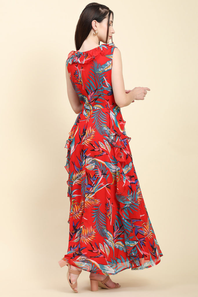Women's Red base Leaf print Georgette Ruffle Dress