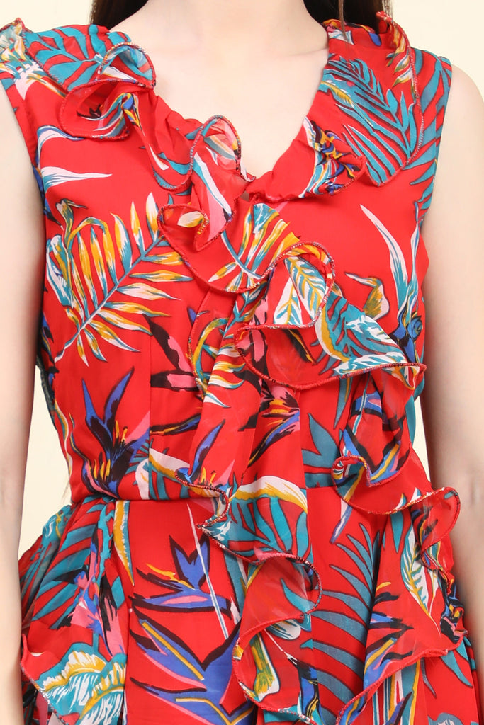 Women's Red base Leaf print Georgette Ruffle Dress