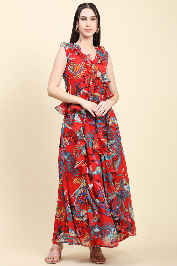 Women's Red base Leaf print Georgette Ruffle Dress