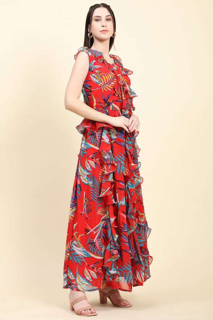Women's Red base Leaf print Georgette Ruffle Dress