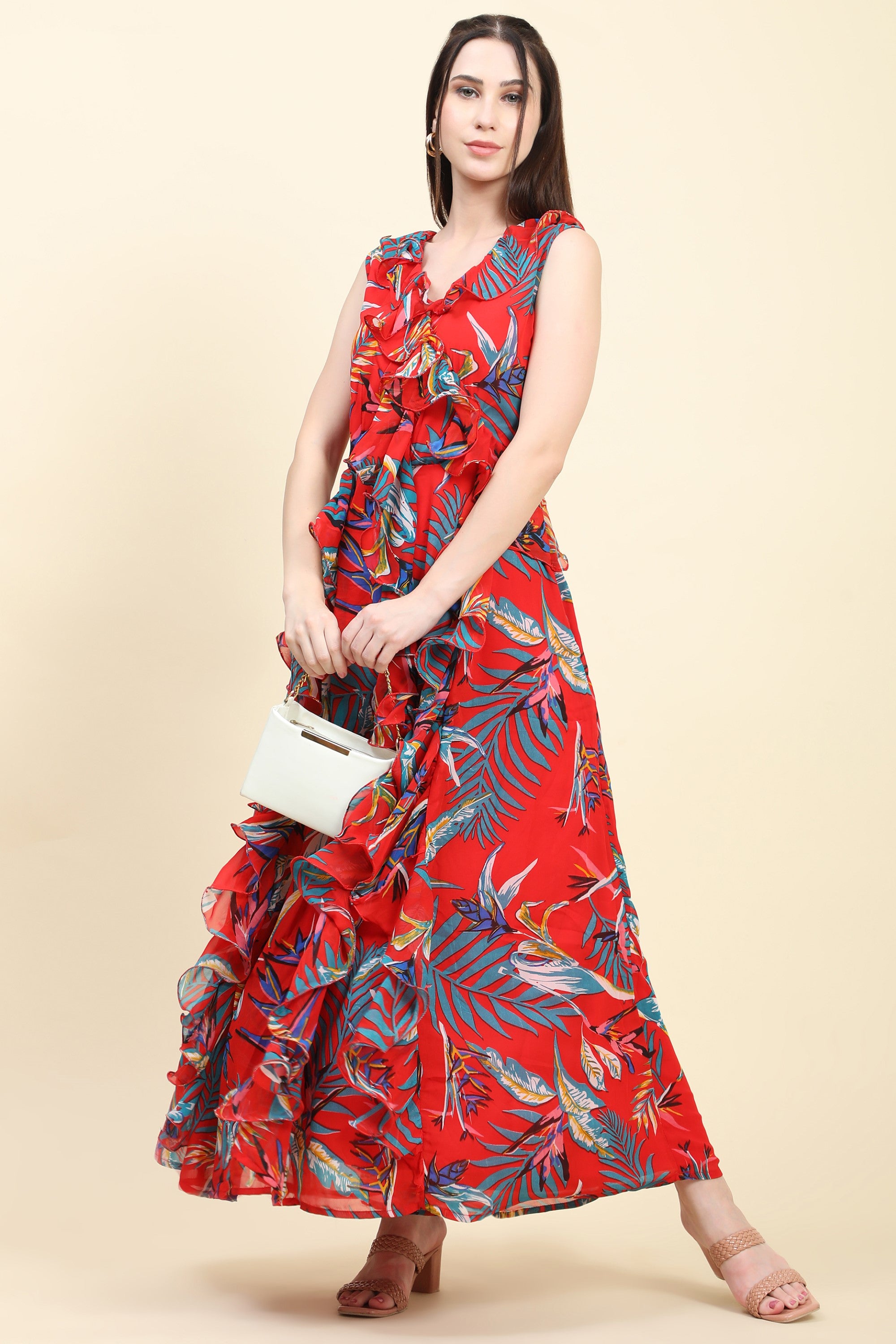 Women's Red base Leaf print Georgette Ruffle Dress - MIRACOLOS by Ruchi