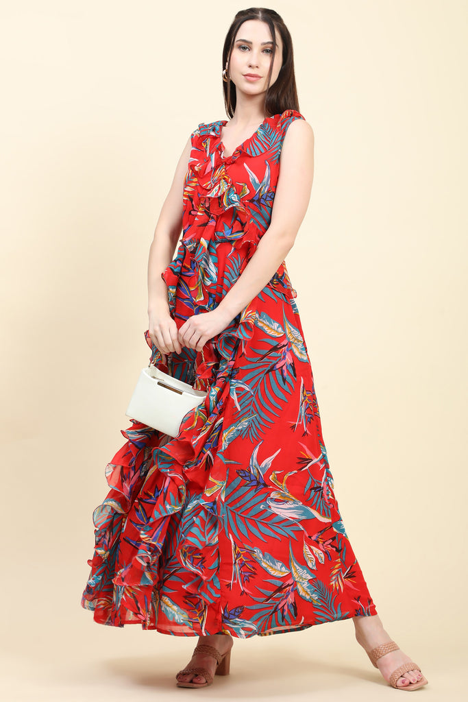 Women's Red base Leaf print Georgette Ruffle Dress