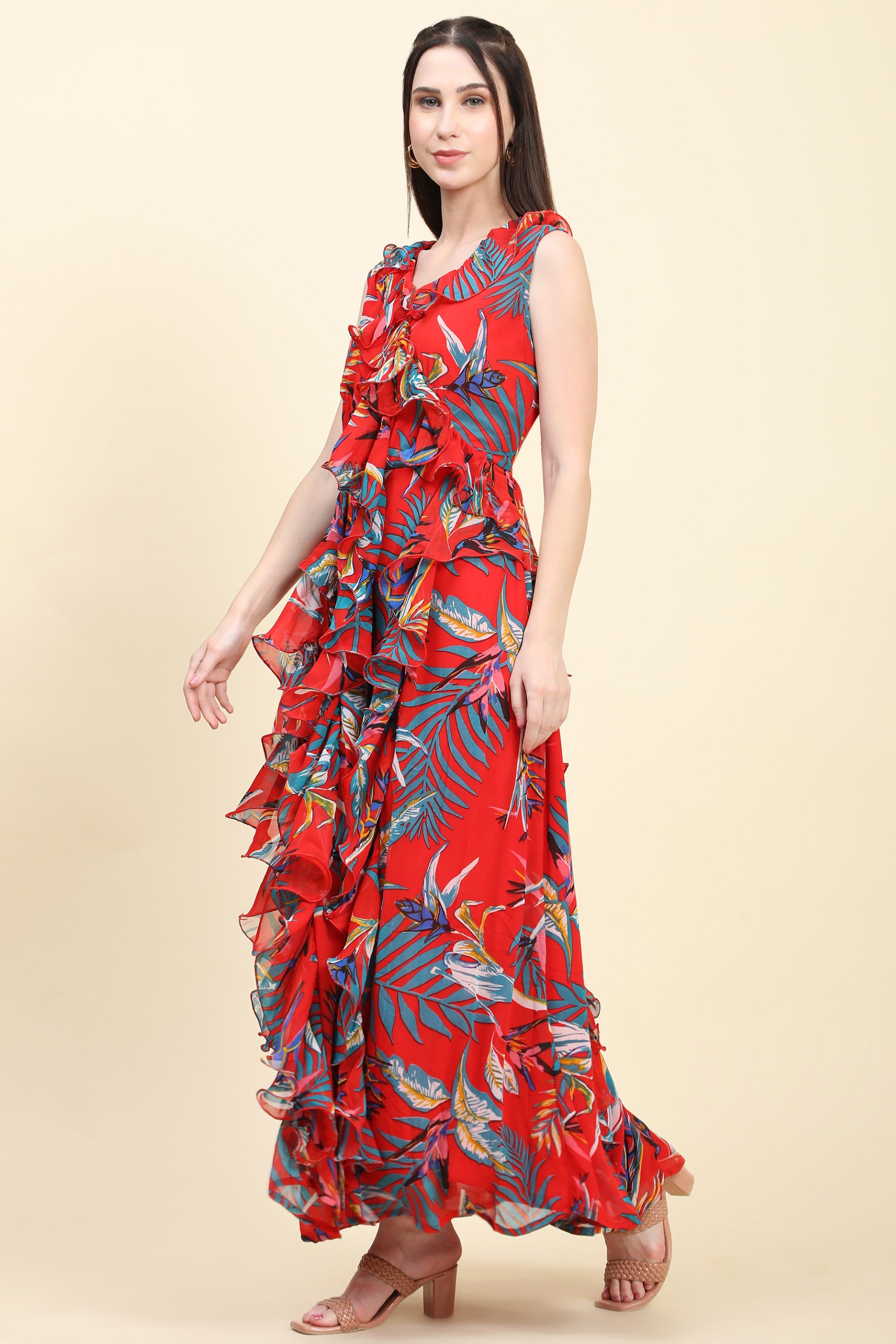 Women's Red base Leaf print Georgette Ruffle Dress - MIRACOLOS by Ruchi