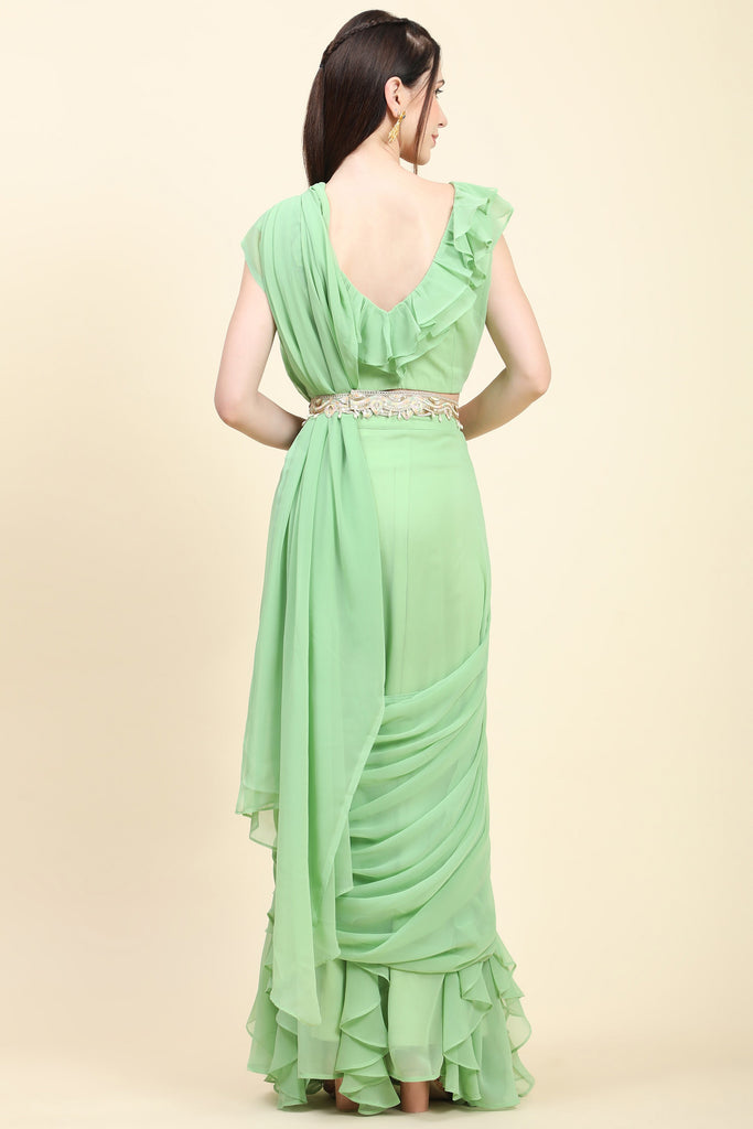 Women's Pastel Green Georgette Ruffle drape Saree, Blouse set