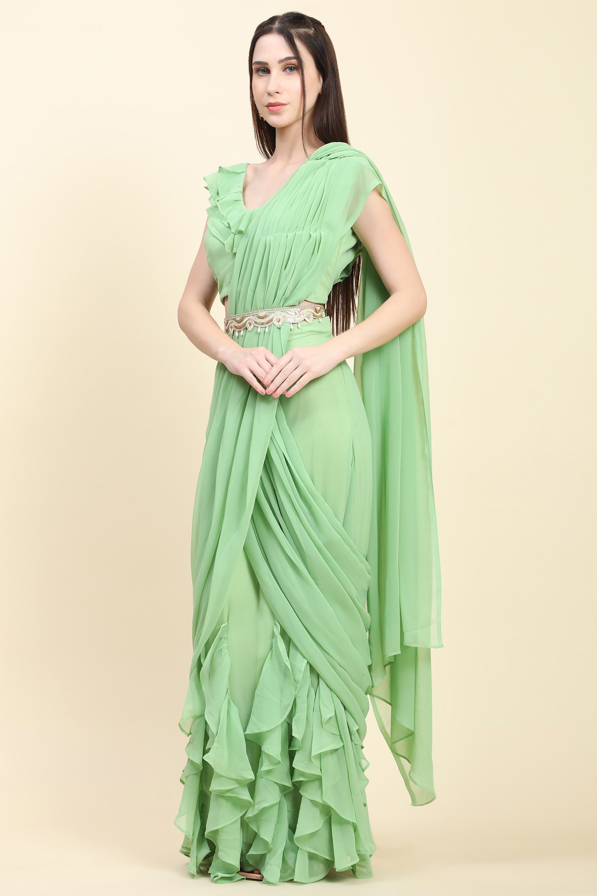 Women's Pastel Green Georgette Ruffle drape Saree, Blouse set - MIRACOLOS by Ruchi