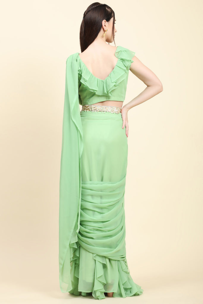 Women's Pastel Green Georgette Ruffle drape Saree, Blouse set