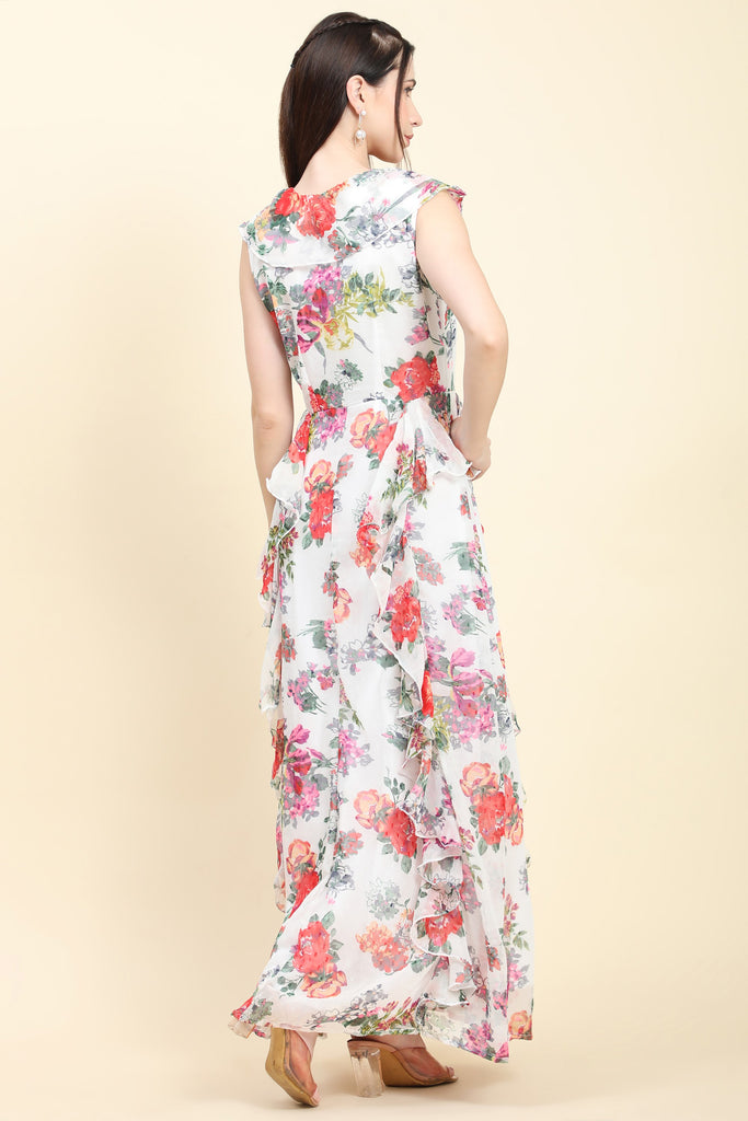 Women's White base Floral print Georgette Ruffle Dress