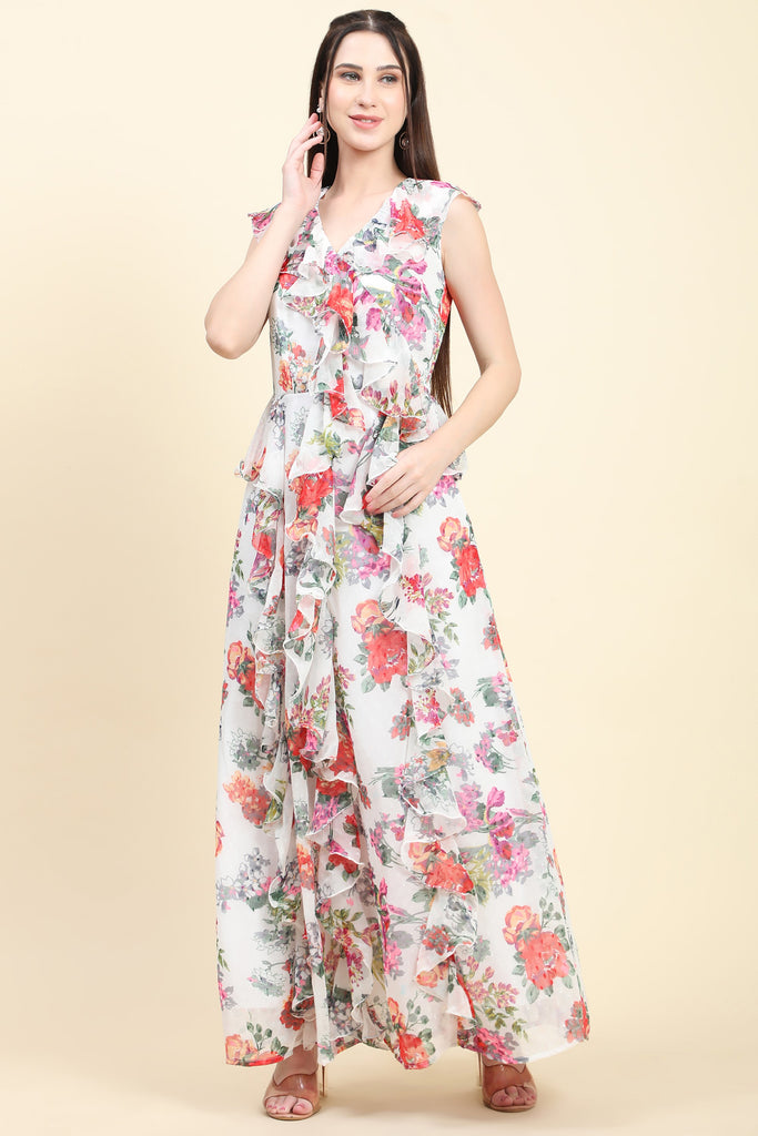 Women's White base Floral print Georgette Ruffle Dress