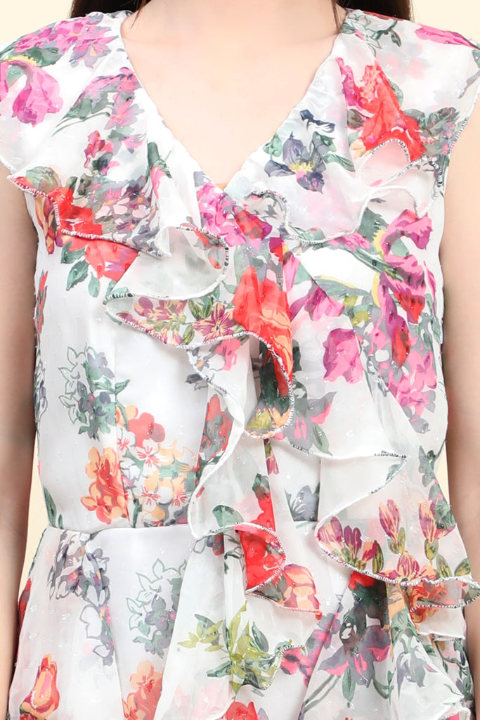 Women's White base Floral print Georgette Ruffle Dress