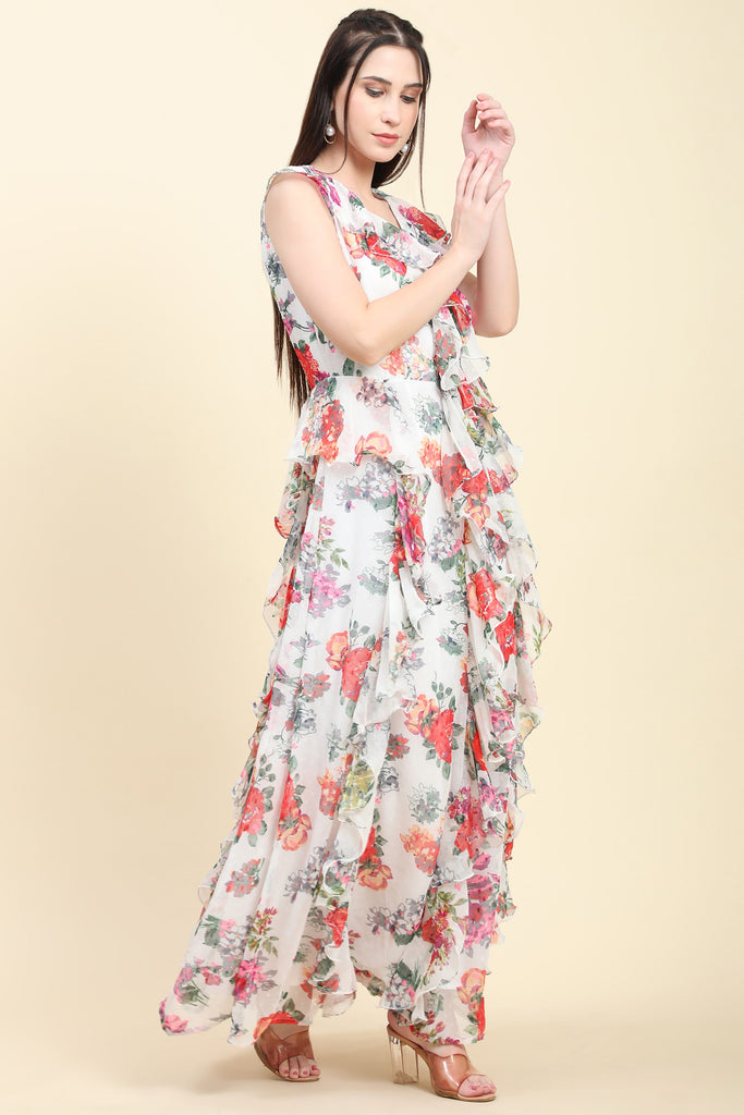 Women's White base Floral print Georgette Ruffle Dress