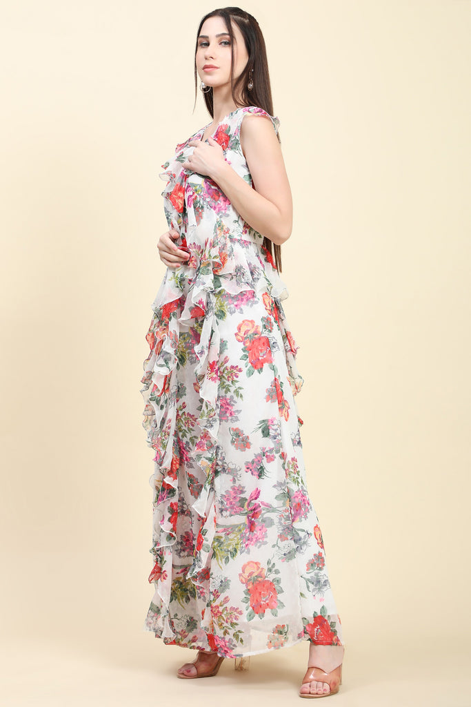 Women's White base Floral print Georgette Ruffle Dress