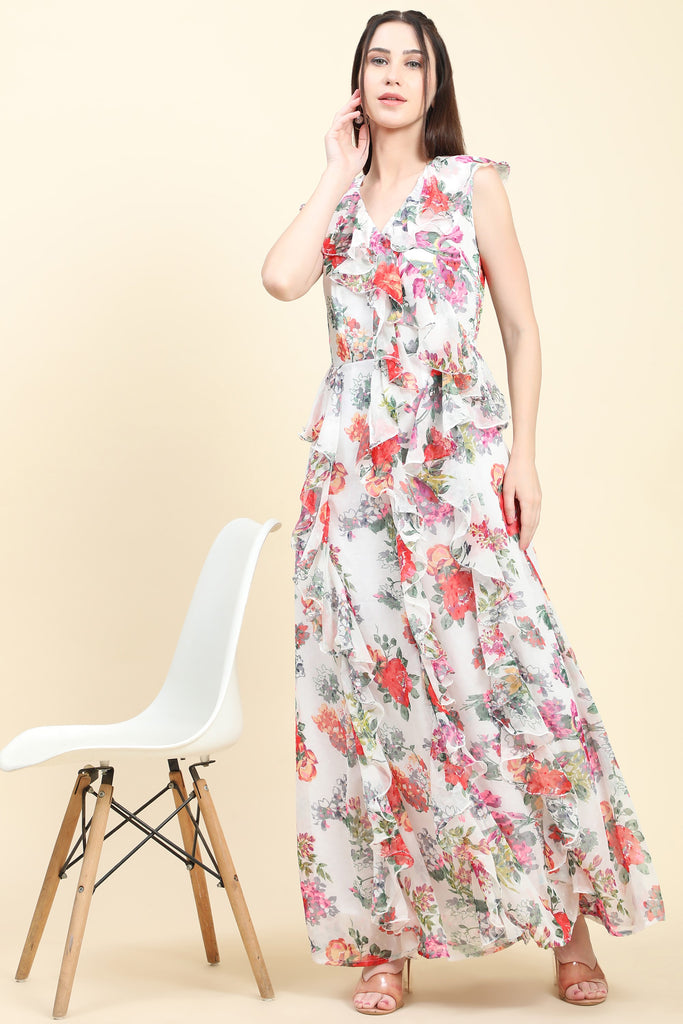 Women's White base Floral print Georgette Ruffle Dress