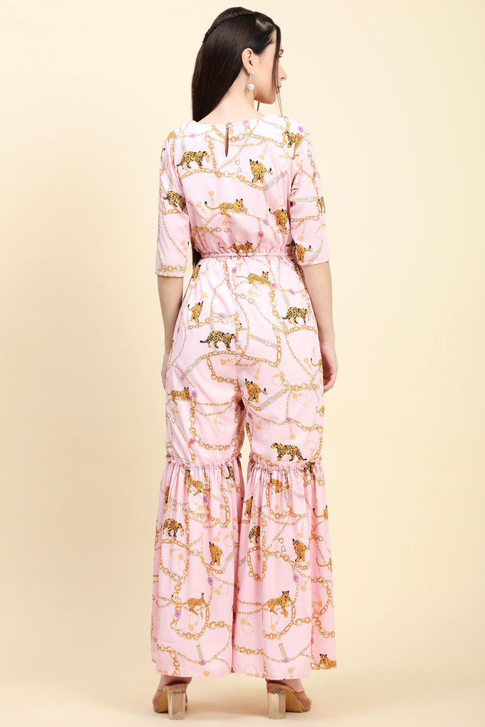 Women's Tiger Chain Print Crepe Pink base Jumspuit front button closure