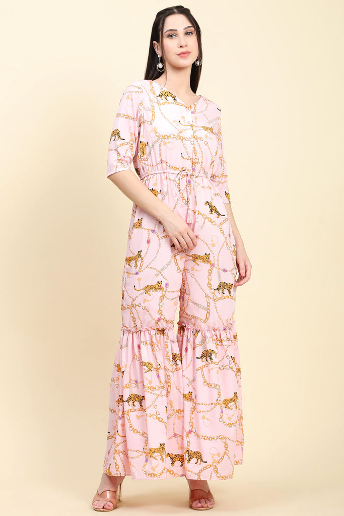 Women's Tiger Chain Print Crepe Pink base Jumspuit front button closure