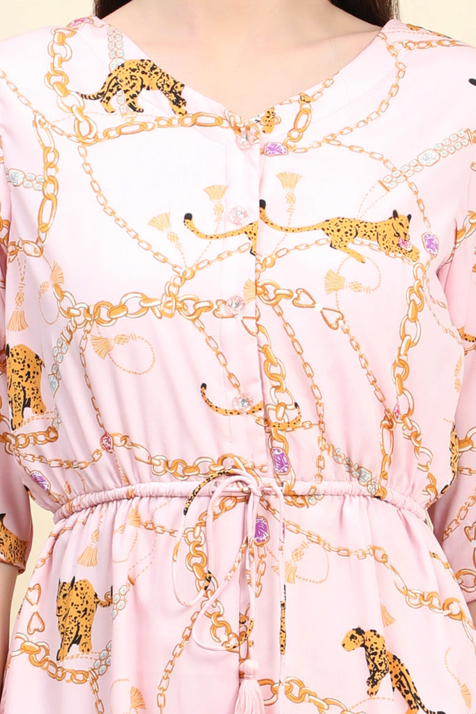 Women's Tiger Chain Print Crepe Pink base Jumspuit front button closure