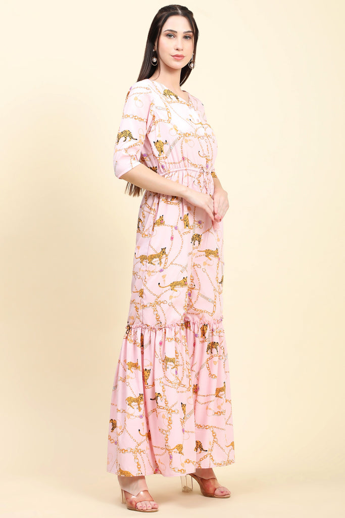 Women's Tiger Chain Print Crepe Pink base Jumspuit front button closure