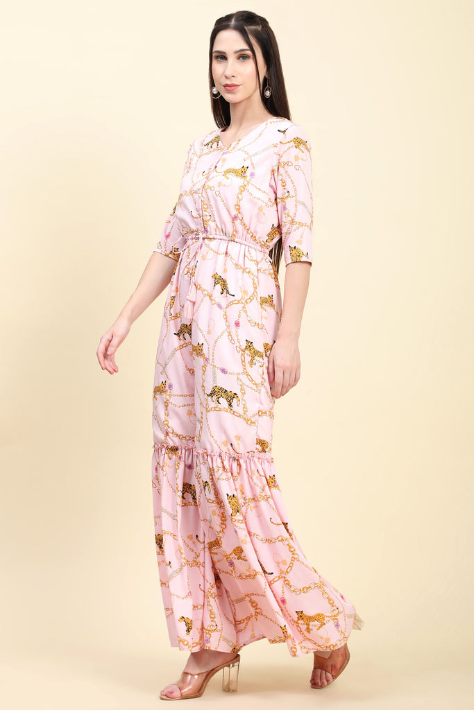 Women's Tiger Chain Print Crepe Pink base Jumspuit front button closure
