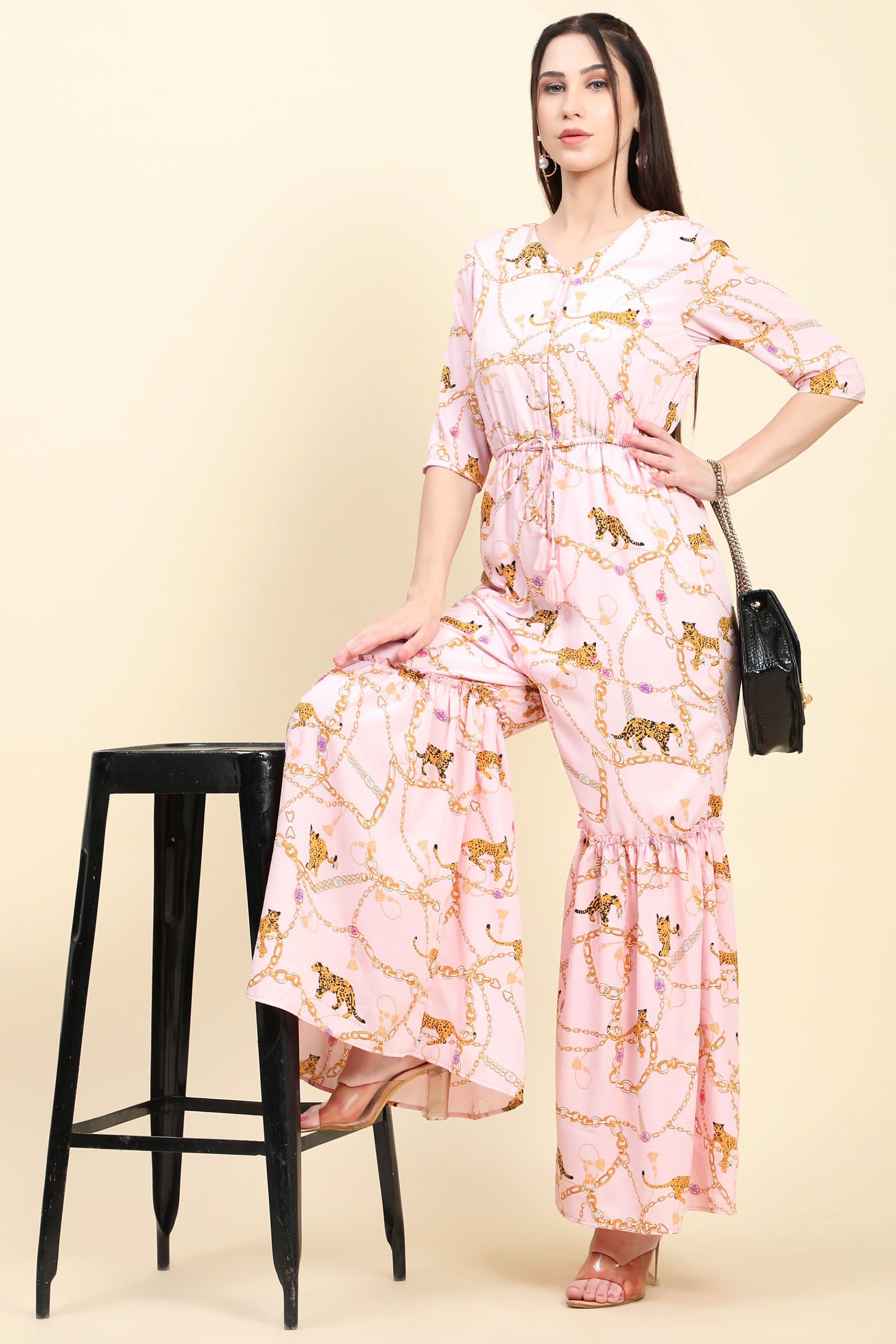 Women's Tiger Chain Print Crepe Pink base Jumspuit front button closure