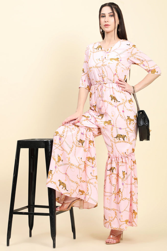 Women's Tiger Chain Print Crepe Pink base Jumspuit front button closure