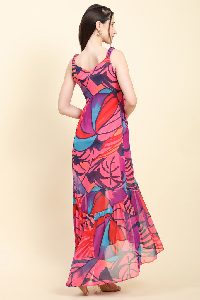 Women's Pink base Multicolor print Mermaid Dress with Tie knot at waist
