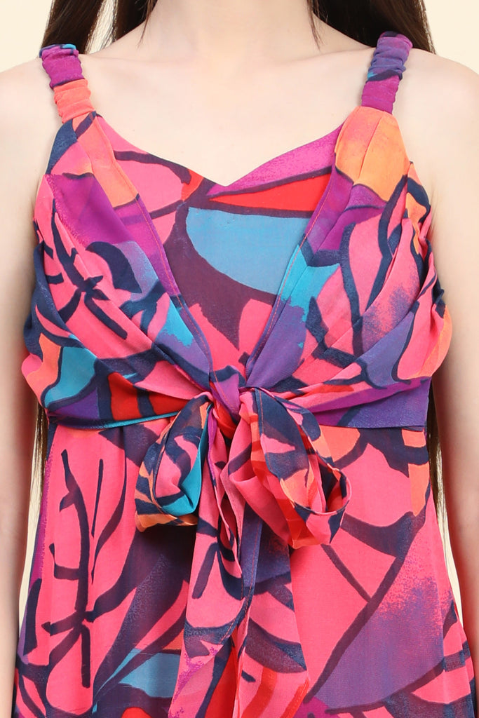 Women's Pink base Multicolor print Mermaid Dress with Tie knot at waist