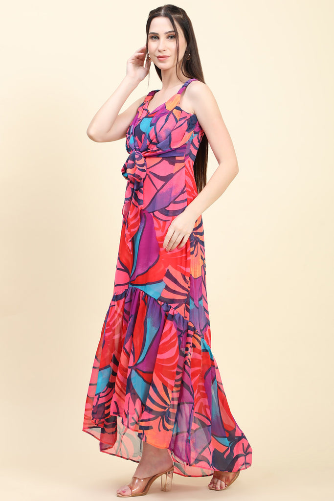 Women's Pink base Multicolor print Mermaid Dress with Tie knot at waist