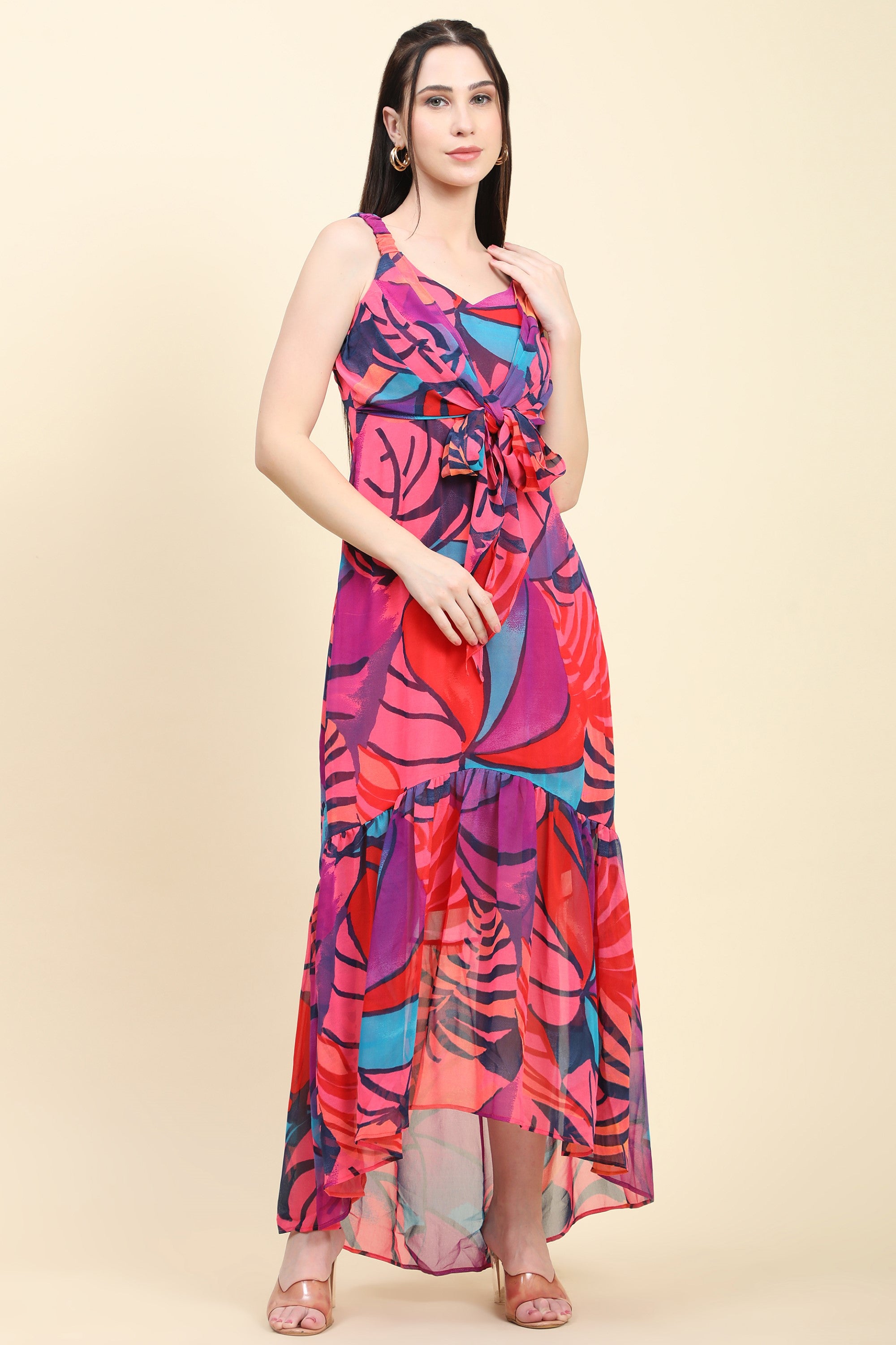 Women's Pink base Multicolor print Mermaid Dress with Tie knot at waist - MIRACOLOS by Ruchi