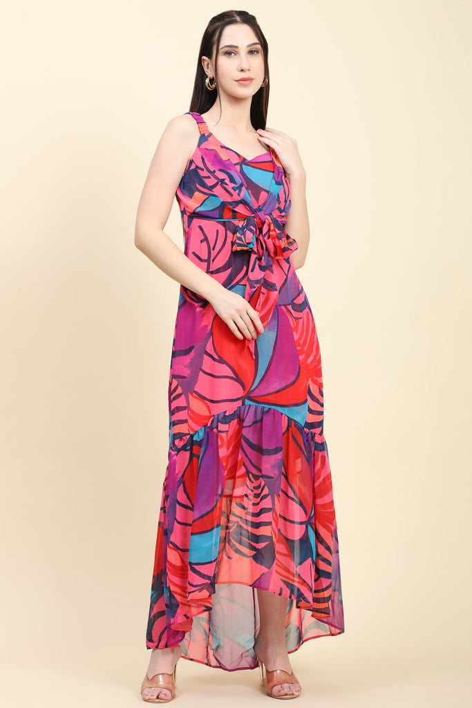 Women's Pink base Multicolor print Mermaid Dress with Tie knot at waist