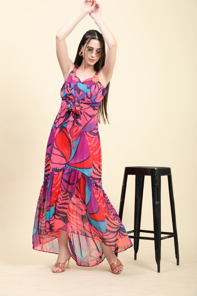 Women's Pink base Multicolor print Mermaid Dress with Tie knot at waist